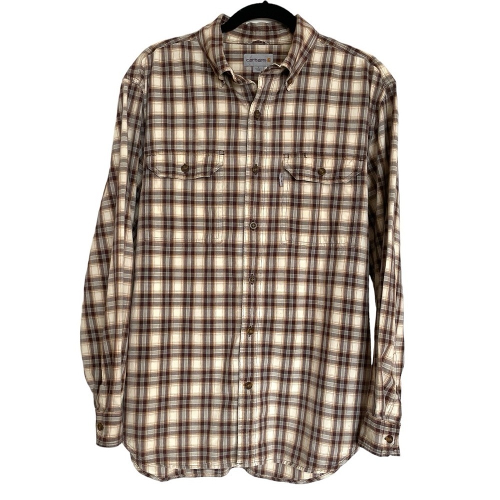Carhartt Brown and Cream Plaid Casual Button-Down Shirt